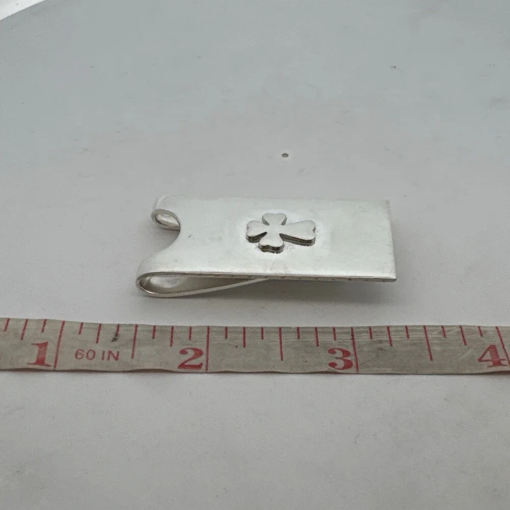 Estate 925 Sterling Silver Clover Cross Rectangular Small Unisex Money Clip